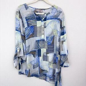 Chico's Womens Flowy Blouse Top Size XL Geo Print Classic Office Career Blue
